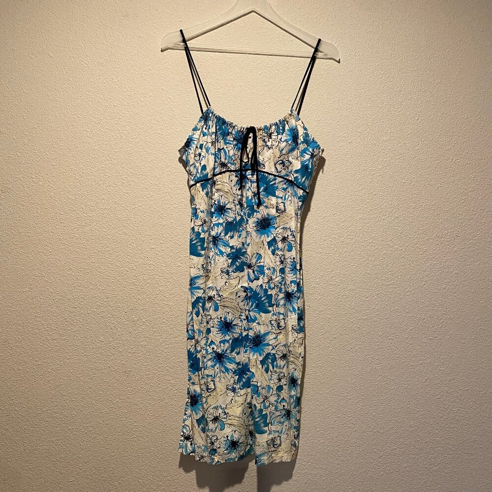Y2K Pin Up‎ Girl Blue Floral Dress XL Spaghetti Strap Ruffle Hem
